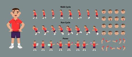 Boy character model sheet with walk cycle and run cycle sprites sheet. vector