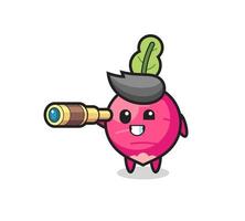 cute radish character is holding an old telescope vector