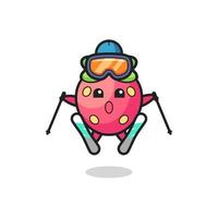 Personaje de mascota de fresa como jugador de esquí. vector