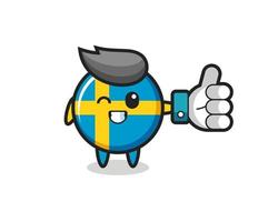 cute sweden flag badge with social media thumbs up symbol vector