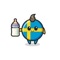 baby sweden flag badge cartoon character with milk bottle vector