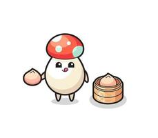 cute mushroom character eating steamed buns vector