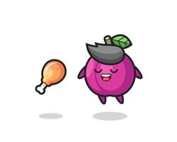 cute plum fruit floating and tempted because of fried chicken vector