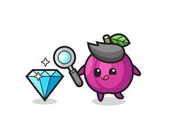 plum fruit mascot is checking the authenticity of a diamond vector