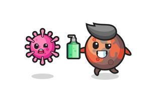 illustration of mars character chasing evil virus with hand sanitizer vector