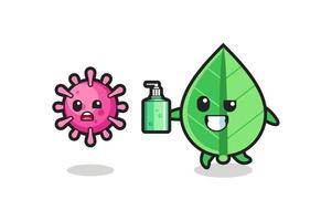illustration of leaf character chasing evil virus with hand sanitizer vector