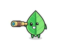 cute leaf character is holding an old telescope vector
