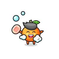 mandarin orange character is bathing while holding soap vector