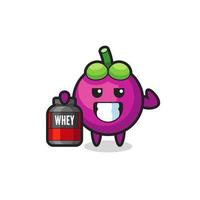 the muscular mangosteen character is holding a protein supplement vector