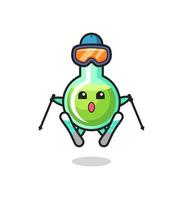 Personaje de mascota de vasos de laboratorio como jugador de esquí. vector