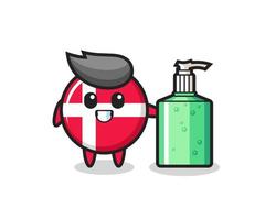 cute denmark flag badge cartoon with hand sanitizer vector