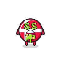 denmark flag badge character with an expression of crazy about money vector