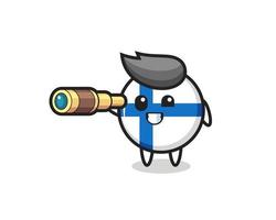 El lindo personaje de la insignia de la bandera de Finlandia sostiene un viejo telescopio vector
