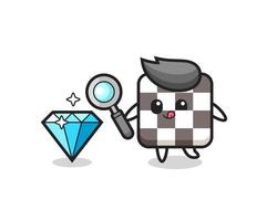 La mascota del tablero de ajedrez está comprobando la autenticidad de un diamante. vector