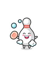 bowling pin character is bathing while holding soap vector