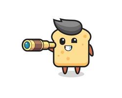cute bread character is holding an old telescope vector