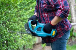 Jardinero sosteniendo un cortasetos eléctrico para cortar la copa del árbol foto