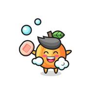 apricot character is bathing while holding soap vector