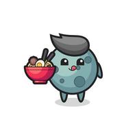 cute asteroid character eating noodles vector