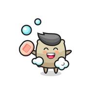 sack character is bathing while holding soap vector