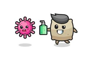 Ilustración del personaje de saco persiguiendo virus maligno con desinfectante de manos vector