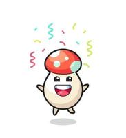 happy mushroom mascot jumping for congratulation with colour confetti vector