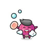 onion character is bathing while holding soap vector