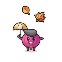 cartoon of the cute onion holding an umbrella in autumn vector