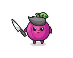 cute plum fruit mascot as a psychopath holding a knife vector