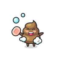 poop character is bathing while holding soap vector