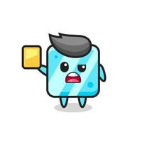 personaje de cubo de hielo de dibujos animados como árbitro de fútbol dando una tarjeta amarilla vector