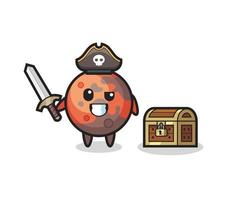 the mars pirate character holding sword beside a treasure box vector