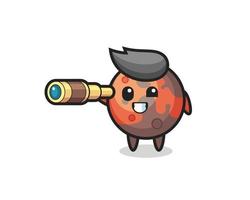 cute mars character is holding an old telescope vector