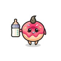 baby doughnut cartoon character with milk bottle vector