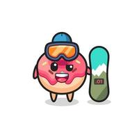 Ilustración de personaje de donut con estilo de snowboard vector