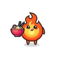 cute fire character eating noodles vector