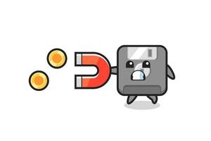 the character of floppy disk hold a magnet to catch the gold coins vector