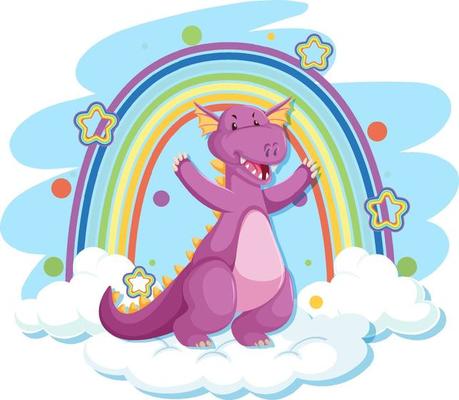 Cute purple dragon on the cloud with rainbow