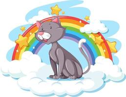 lindo gato en la nube con arcoiris vector