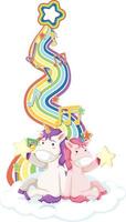 Unicorns sitting on the cloud with rainbow on white background vector