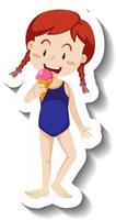 una niña comiendo una pegatina de dibujos animados de cono de helado de fresa vector