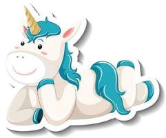 lindo unicornio en pose de colocación pegatina de personaje de dibujos animados vector