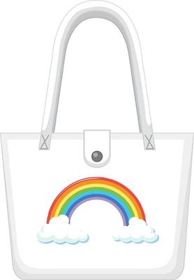 A white handbag with rainbow pattern