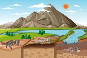 Nature landscape scene at daytime with dinosaur fossils in soil layers vector