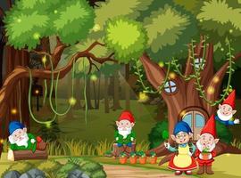 Escena de bosque de fantasía con familia de gnomos. vector