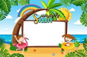 Empty banner board in the beach scene with cartoon character vector