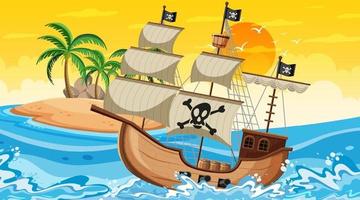 Océano con barco pirata en la escena del atardecer en estilo de dibujos animados vector