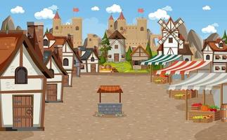 escena de la ciudad medieval con mercado