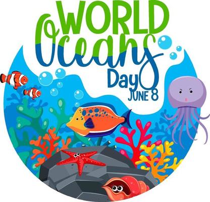 World Ocean Day banner with many different sea animals