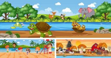 Outdoor panoramic landscape scenes set with cartoon character vector